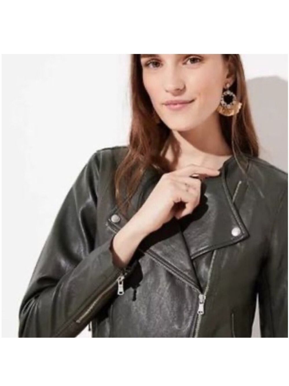 LOFT vegan leather moto jacket olive green-gray with silver tone zippers size 4